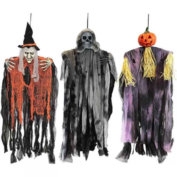 imageJOYIN 3 Pack 35 Hanging Ghosts Witch Pumpkin Decor Hanging Halloween Decorations Outdoor Halloween Decor Scary Flying Witch Grim Reapers Haunted House Front Porch Decor Yard Garden Lawn Party