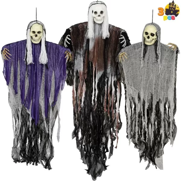 imageJOYIN 3 Pcs Halloween Hanging Grim Reapers Purple and Grary 47 Gray Gradient 63 Halloween Skeleton Flying Ghost for Halloween Outdoor Decoration Haunted Haunted House PropParty Decor