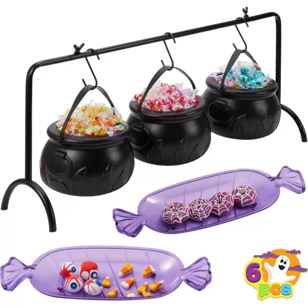 imageJOYIN 3 Witches Cauldron Serving Bowls 2 Purple Candy Discs a Black Metal Shelf with 3 Hooks 6 PCS Halloween Party Decoration Set Black Plastic Candy Bucket Cauldron Bowls