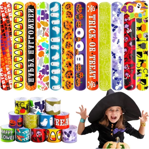 imageJOYIN 48 PCS Halloween Slap Bracelets for Kids Halloween Party Favors Friendship Bracelets Bulk Girls Boys Gifts Trick or Treats Party Decorations Snap Bracelet Classroom Exchange Prizes