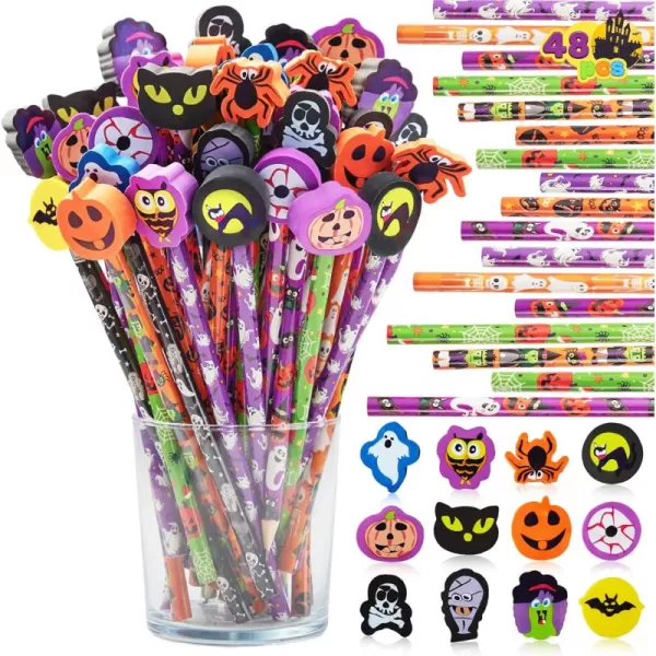imageJOYIN 48PCS Halloween Pencils with Erasers Stationery Set 48 Colorful Pencils Assortment for Kids in 6 Designs 48 Giant Erasers in 12 Style Halloween Party Favor Supplies Classroom Prizes Gifts