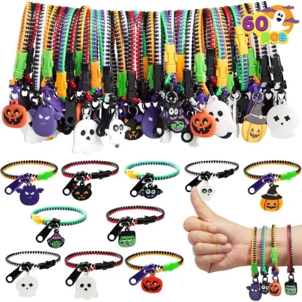 imageJOYIN 60 PCS Halloween Zipper Bracelets Bulk Set Friendship Zipper Wristbands for Kids Gift Halloween Trinkets Halloween Goodie Bag Fillers Classroom Prizes