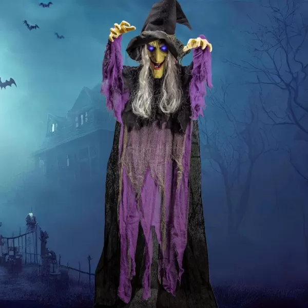 imageJOYIN 72 Halloween Hanging Flying Witch Animatronic Purple Talking Animated Witch Light Up Eyes Sound Activated Halloween Decorations Outside Indoor Animatronics Haunted HouseDark Purple