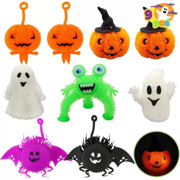 imageJOYIN 9 PCS Halloween LED Stress Relief Puffer Balls Light Up Squeeze Squishy Toys for Kids Glow in The Dark Ghost Pumpkin Monster Spider Puffer Toys Halloween Party Favor Goody Bag Fillers