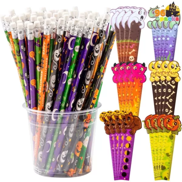 imageJOYIN 96 Pcs Halloween Pencils and Rulers Stationery Set Included 48Pcs Assorted Pencils with 12 Designs 48Pcs Halloween Bookmarks Bulk with 6 Patterns for Halloween Party Favors Supplies