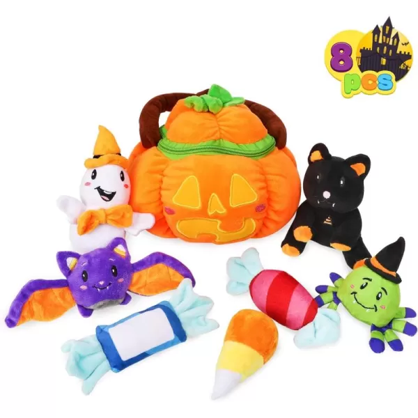 imageJOYIN Babys Pumpkin Halloween Playset with 8 Fun Play Pieces Plush Goodie Bags StuffersFillers Halloween Party Decoration Prizes and Gifts for Infants Boys and GirlsLaugh Pumpkin