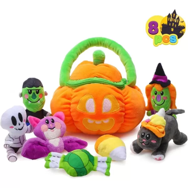 imageJOYIN Babys Pumpkin Halloween Playset with 8 Fun Play Pieces Plush Goodie Bags StuffersFillers Halloween Party Decoration Prizes and Gifts for Infants Boys and GirlsHappy Pumpkin