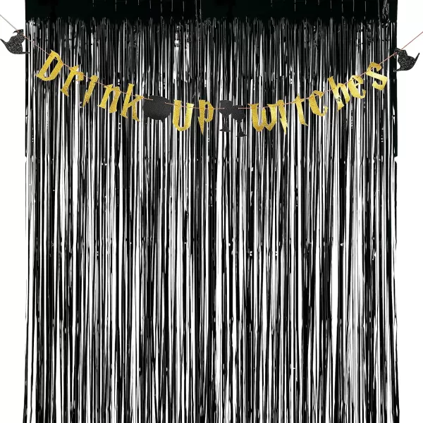 imageJOYIN Backdrop Curtain Halloween Black Tinsel Backdrop 3FTx 8FT Black Tinsel Curtains Photo Booth Backdrop for Baby Shower Halloween Party Decorations