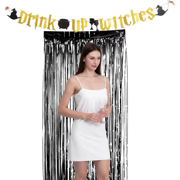 imageJOYIN Backdrop Curtain Halloween Black Tinsel Backdrop 3FTx 8FT Black Tinsel Curtains Photo Booth Backdrop for Baby Shower Halloween Party Decorations