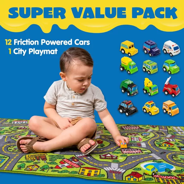 imageJOYIN Carpet Playmat w 12 Cars PullBack Vehicle Set for Kids Age 3 Jumbo Play Room Rug City Pretend PlayCity view
