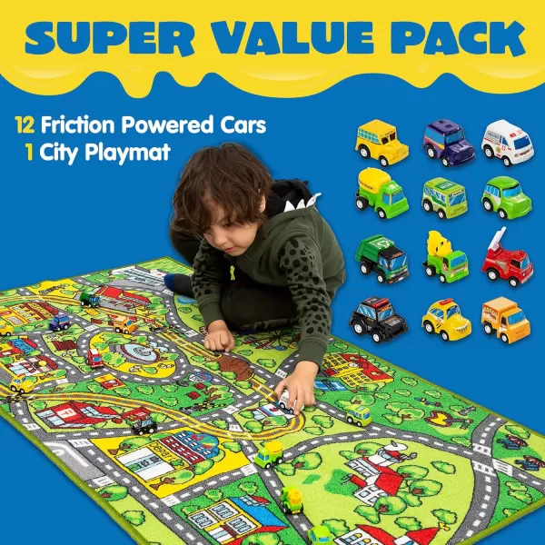 imageJOYIN Carpet Playmat w 12 Cars PullBack Vehicle Set for Kids Age 3 Jumbo Play Room Rug City Pretend PlayCommunity view