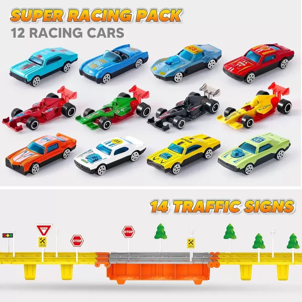 imageJOYIN Toy Truck for Kids5FT Race Track and 12 DieCast Metal Toy Cars Racing Car with Lights ampamp Sounds Carrier Truck Toy Gift for 2 3 4 5 Years Old Boys and Girls