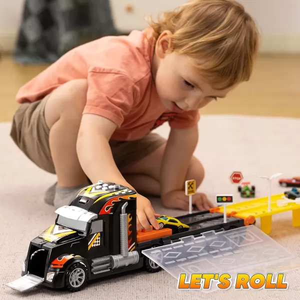 imageJOYIN Toy Truck for Kids5FT Race Track and 12 DieCast Metal Toy Cars Racing Car with Lights ampamp Sounds Carrier Truck Toy Gift for 2 3 4 5 Years Old Boys and Girls
