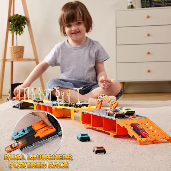 imageJOYIN Toy Truck for Kids5FT Race Track and 12 DieCast Metal Toy Cars Racing Car with Lights ampamp Sounds Carrier Truck Toy Gift for 2 3 4 5 Years Old Boys and Girls