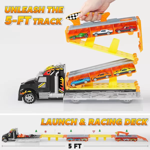 imageJOYIN Toy Truck for Kids5FT Race Track and 12 DieCast Metal Toy Cars Racing Car with Lights ampamp Sounds Carrier Truck Toy Gift for 2 3 4 5 Years Old Boys and Girls