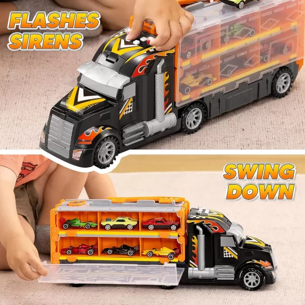 imageJOYIN Toy Truck for Kids5FT Race Track and 12 DieCast Metal Toy Cars Racing Car with Lights ampamp Sounds Carrier Truck Toy Gift for 2 3 4 5 Years Old Boys and Girls
