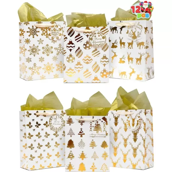 imageJOYIN 12 PCS Christmas Holiday Foil Gold Gift Bags with Tissue Papers and Name Card Tags Assorted White Winter Prints for Party Favors Goody Bags Xmas Presents and Wrapping Stocking StuffersGold