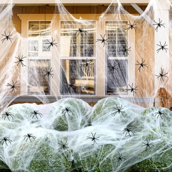 imageJOYIN 1200 sqft Spider Halloween Decorations Bonus with 80Fake Spiders Halloween Outdoor Super Stretch Cobwebs Halloween Party Decoration for Indoor Outdoor Party Supplies1200