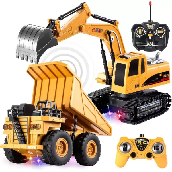 imageJOYIN 2 PCS Remote Control Construction Vehicle Toy Set FrictionPowered RC Excavator ampamp RC Dump Truck with Lights and Sounds for Imaginative Play Birthday Gifts for Toddlers Boys Girls