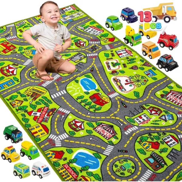 imageJOYIN Carpet Playmat w 12 Cars PullBack Vehicle Set for Kids Age 3 Jumbo Play Room Rug City Pretend PlayCity view