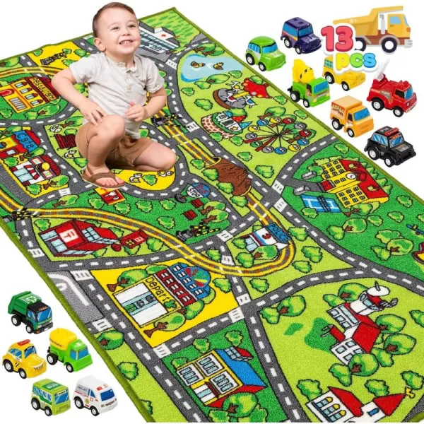 imageJOYIN Carpet Playmat w 12 Cars PullBack Vehicle Set for Kids Age 3 Jumbo Play Room Rug City Pretend PlayCommunity view