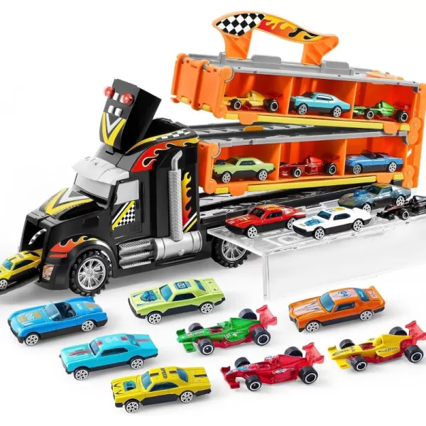 imageJOYIN Toy Truck for Kids5FT Race Track and 12 DieCast Metal Toy Cars Racing Car with Lights ampamp Sounds Carrier Truck Toy Gift for 2 3 4 5 Years Old Boys and Girls