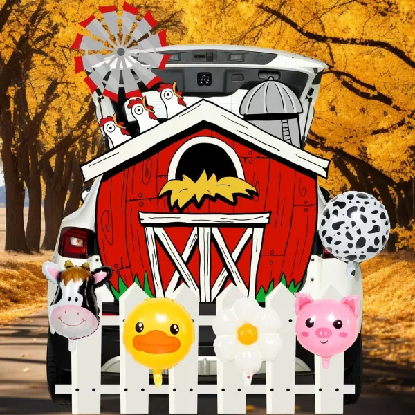 JOYIN Halloween Trunk Or Treat Car Decorations Kit Halloween Decorations Outdoor Indoor Car Stickers Red Farm House Haunted House SUV Trunk Archway Car Garage Lawn Balloons Chicken Cow Duck Pig