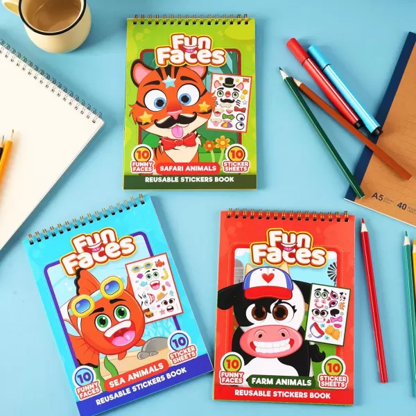 imageJOYIN MakeaFace Reusable Sticker Books 3Pack Safari Farm Sea Animals  On The Go Travel Toys Activity Pad for Kids Ages 4830 Scenes
