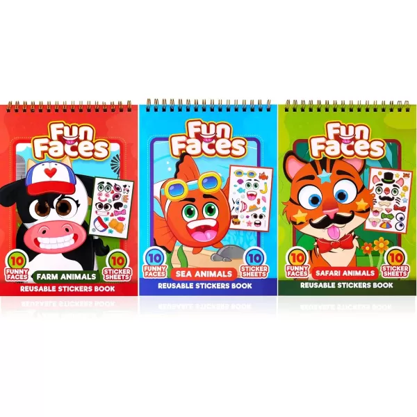 imageJOYIN MakeaFace Reusable Sticker Books 3Pack Safari Farm Sea Animals  On The Go Travel Toys Activity Pad for Kids Ages 4830 Scenes