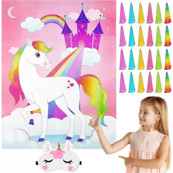 imageJOYIN Pin The Unicorn Horn Game 21 x 28 Unicorn Themed Party Games with 24 PCs Horn Stickers Party Supplies Kids Birthday Party Decoration