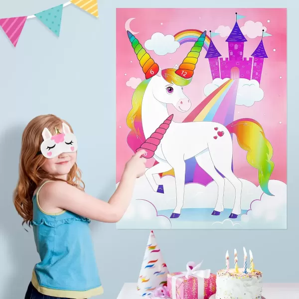 imageJOYIN Pin The Unicorn Horn Game 21 x 28 Unicorn Themed Party Games with 24 PCs Horn Stickers Party Supplies Kids Birthday Party Decoration