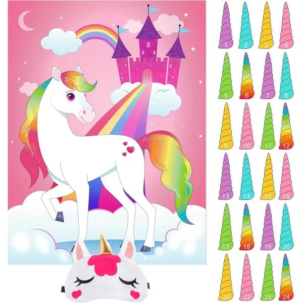 imageJOYIN Pin The Unicorn Horn Game 21 x 28 Unicorn Themed Party Games with 24 PCs Horn Stickers Party Supplies Kids Birthday Party Decoration