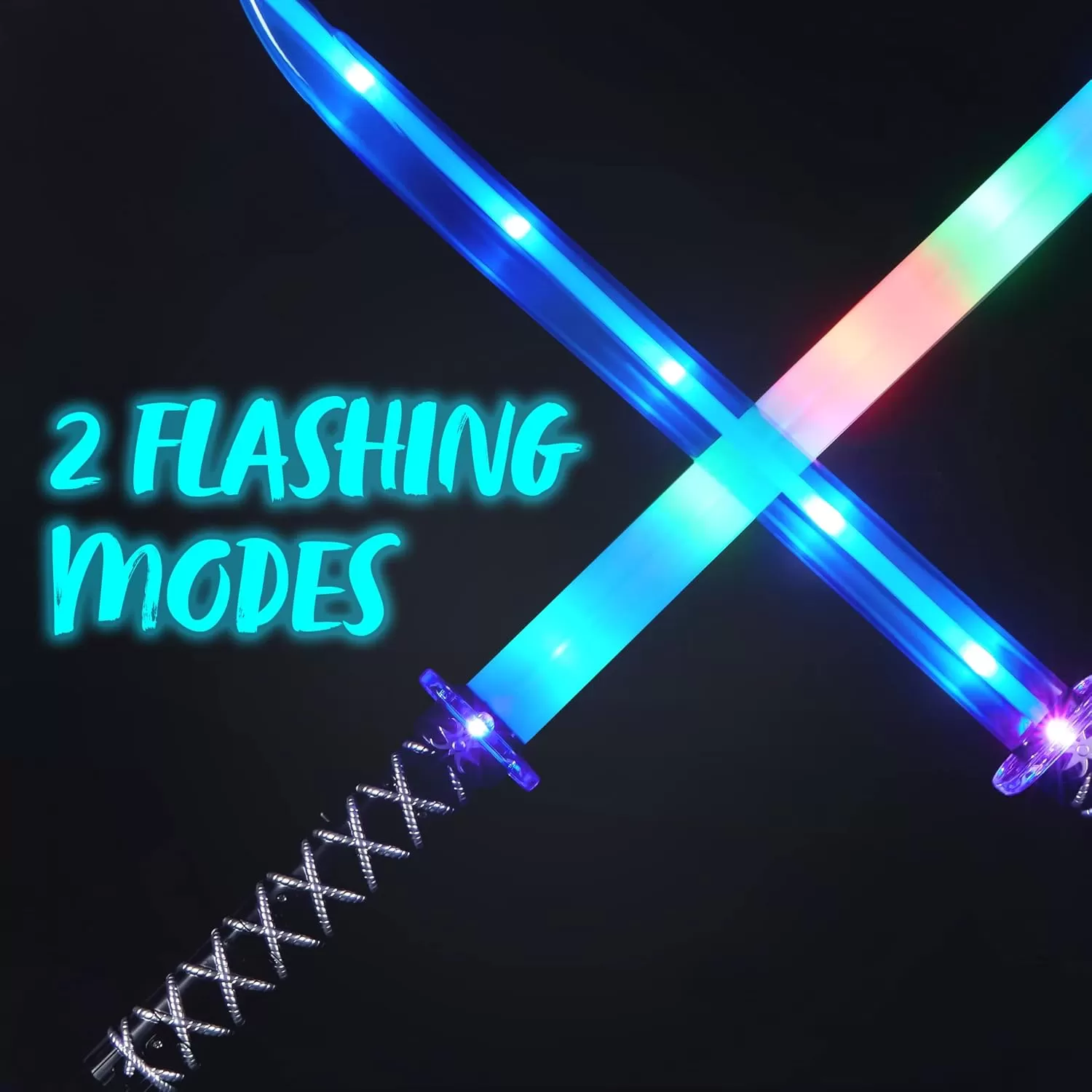 imageJOYIN 2 Packs Toys Ninja Swords for Kids with Motion Activated Clanging Sounds Vibrant Blue and Multi Color Deluxe Play Sword for Halloween Party Costume Accessories