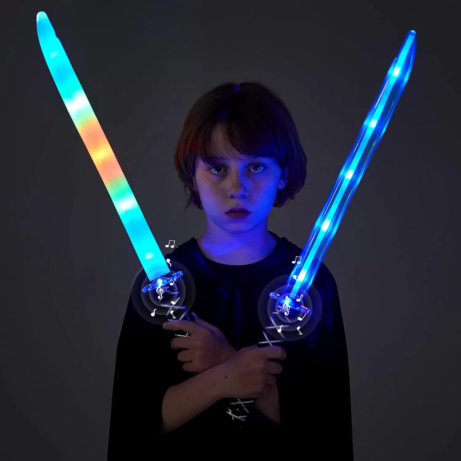 imageJOYIN 2 Packs Toys Ninja Swords for Kids with Motion Activated Clanging Sounds Vibrant Blue and Multi Color Deluxe Play Sword for Halloween Party Costume Accessories