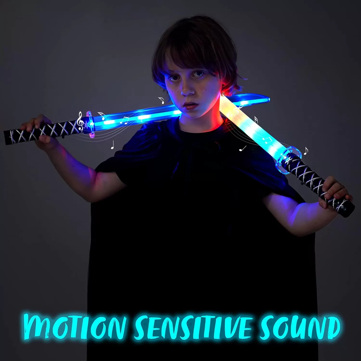 imageJOYIN 2 Packs Toys Ninja Swords for Kids with Motion Activated Clanging Sounds Vibrant Blue and Multi Color Deluxe Play Sword for Halloween Party Costume Accessories