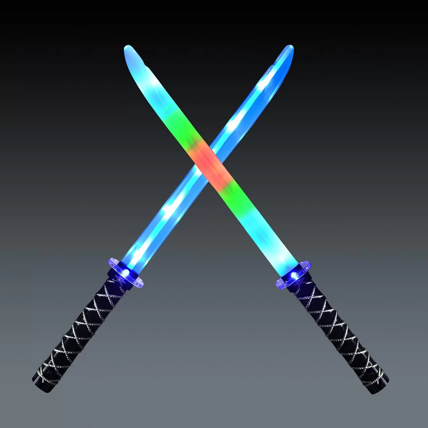 imageJOYIN 2 Packs Toys Ninja Swords for Kids with Motion Activated Clanging Sounds Vibrant Blue and Multi Color Deluxe Play Sword for Halloween Party Costume Accessories