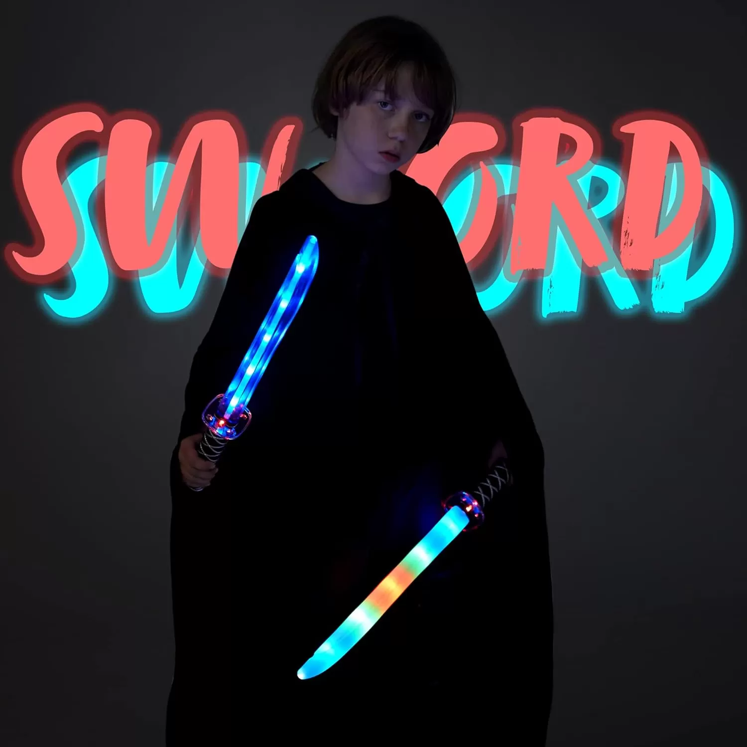 imageJOYIN 2 Packs Toys Ninja Swords for Kids with Motion Activated Clanging Sounds Vibrant Blue and Multi Color Deluxe Play Sword for Halloween Party Costume Accessories