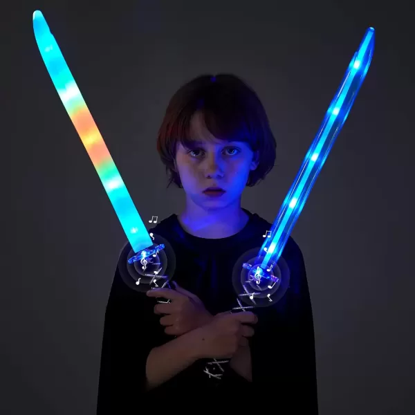 imageJOYIN 2 Packs Toys Ninja Swords for Kids with Motion Activated Clanging Sounds Vibrant Blue and Multi Color Deluxe Play Sword for Halloween Party Costume Accessories
