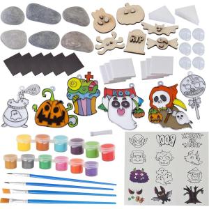 imageJOYIN 52 Pcs Halloween Craft Kid Wooden Magnet Creativity Arts ampamp Crafts Painting Kit DIY Rock Painting Craft Kits for Kids Halloween Party Birthday Parties and Toddler Crafts
