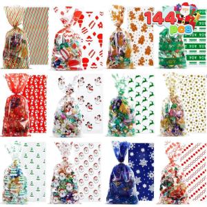 imageJOYIN 144 PCS Christmas Cellophane Bags with Ribbon Candy Cookie Bags for Holiday Treats Christmas Party Favors Supplies Christmas Clear Cello Gift Bags Xmas Goodie Bags