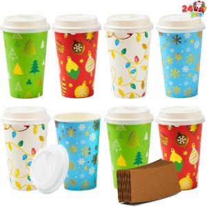 imageJOYIN 24 PCS Christmas Disposable Paper Cups 16 oz Merry Christmas Party Cups With Cup Sleeves and Lids 8 Designs Xmas Coffee Drinking Cups Beverages Tableware Holiday Supplies FavorsLights