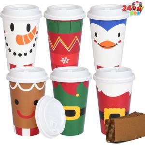 imageJOYIN 24 PCS Christmas Disposable Paper Cups 16 oz Merry Christmas Party Cups With Cup Sleeves and Lids 8 Designs Xmas Coffee Drinking Cups Beverages Tableware Holiday Supplies FavorsCute