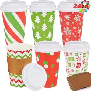 imageJOYIN 24 PCS Christmas Disposable Paper Cups 16 oz Merry Christmas Party Cups With Cup Sleeves and Lids 8 Designs Xmas Coffee Drinking Cups Beverages Tableware Holiday Supplies FavorsSanta