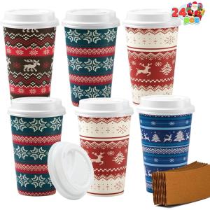 imageJOYIN 24 PCS Christmas Disposable Paper Cups 16 oz Merry Christmas Party Cups With Cup Sleeves and Lids 8 Designs Xmas Coffee Drinking Cups Beverages Tableware Holiday Supplies FavorsVintage