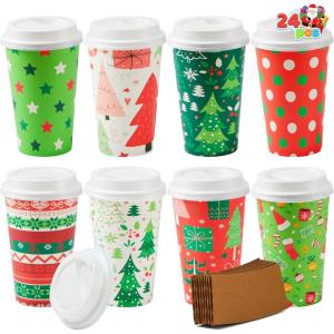 imageJOYIN 24 PCS Christmas Disposable Paper Cups 16 oz Merry Christmas Party Cups With Cup Sleeves and Lids 8 Designs Xmas Coffee Drinking Cups Beverages Tableware Holiday Supplies FavorsBright