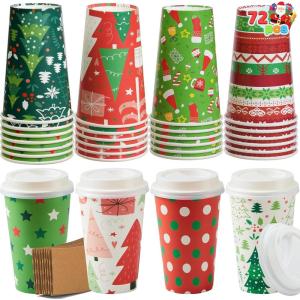 imageJOYIN 72 PCS Christmas Disposable Party Paper Cups 16 oz Merry Christmas Coffee Cups With Cup Sleeves and Lids 6 Designs Xmas Tea Drinking Cups Beverages Tableware Holiday Supplies FavorsBright