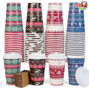 imageJOYIN 72 PCS Christmas Disposable Party Paper Cups 16 oz Merry Christmas Coffee Cups With Cup Sleeves and Lids 6 Designs Xmas Tea Drinking Cups Beverages Tableware Holiday Supplies FavorsVintage