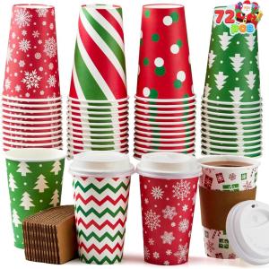 imageJOYIN 72 PCS Christmas Disposable Party Paper Cups 16 oz Merry Christmas Coffee Cups With Cup Sleeves and Lids 6 Designs Xmas Tea Drinking Cups Beverages Tableware Holiday Supplies FavorsSanta