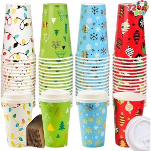 imageJOYIN 72 PCS Christmas Disposable Party Paper Cups 16 oz Merry Christmas Coffee Cups With Cup Sleeves and Lids 6 Designs Xmas Tea Drinking Cups Beverages Tableware Holiday Supplies FavorsLights