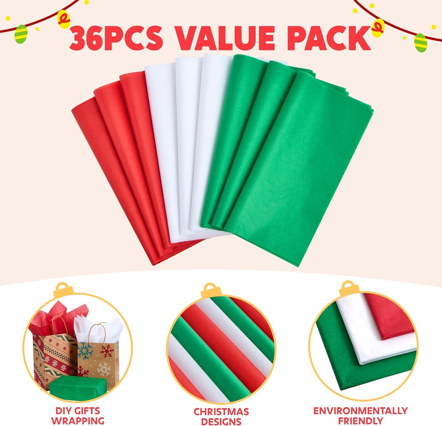 imageJOYIN 180 Sheets 20quot x 20quot Christmas Tissue Paper Assortment Red Green ampamp White 60 Sheets per Color Easy and Fast Gift Wrapping Accessory for Presents and Wine Bottles